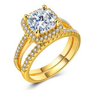 18K Gold Plated Luxury Princess Cut 3A CZ Wedding Couple Ring, FB16FA1029-10